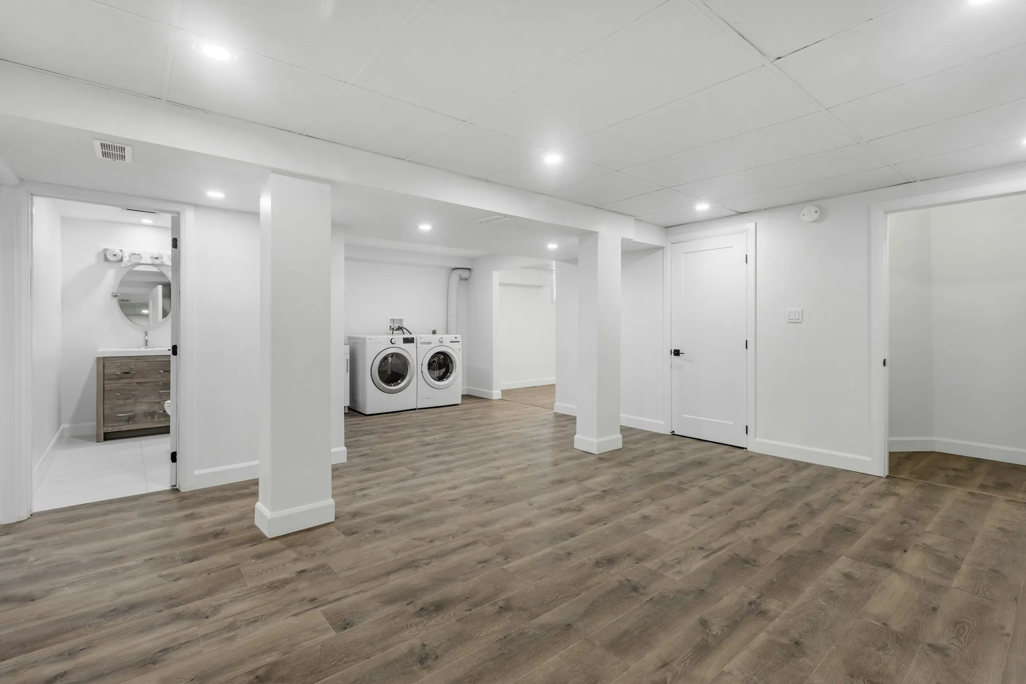 A finished basement laundry area