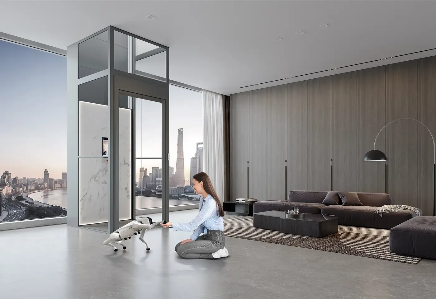 Glass-enclosed lift in a bright living room with city views