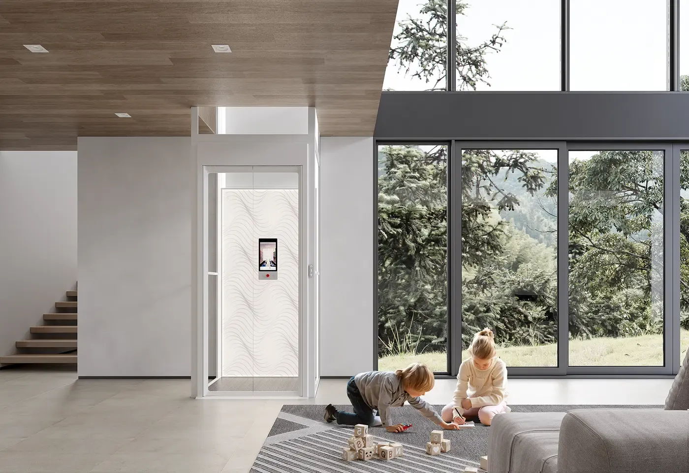 White enclosed lift next to large windows in a family room