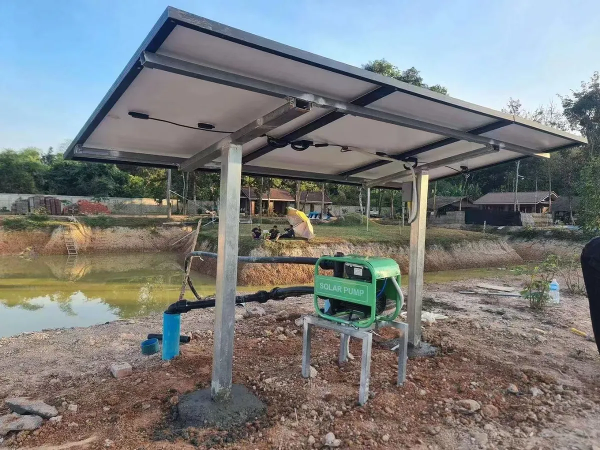 A solar canopy structure powering a pump unit in a field