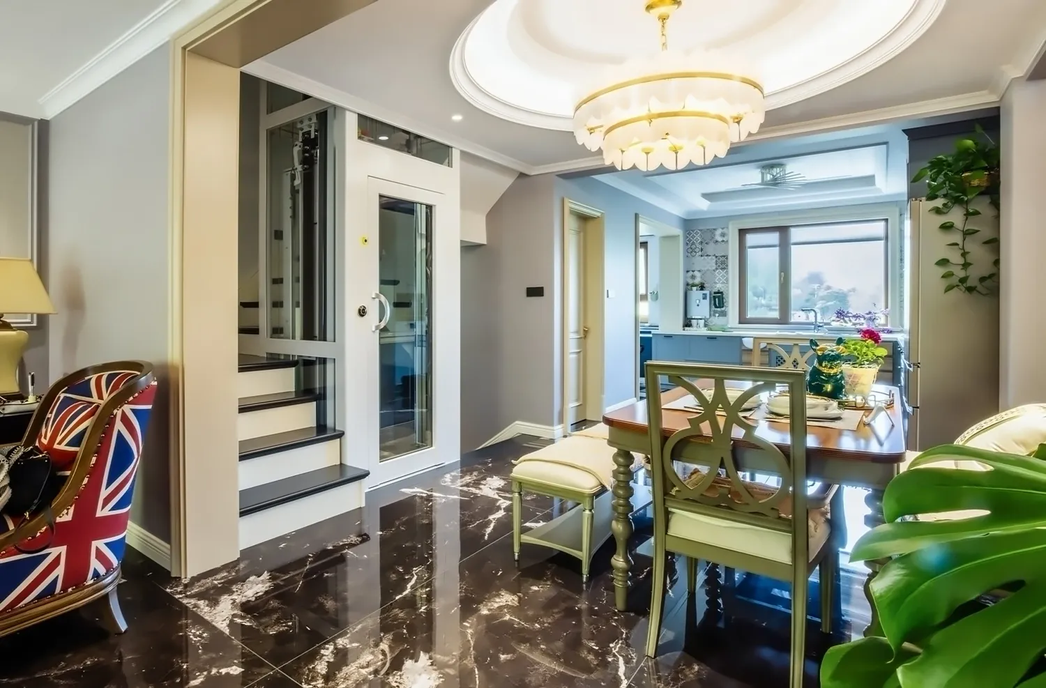 Home elevator with a white frame beside a dining room